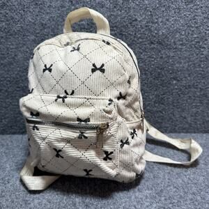 Small Soft Corduroy Beige ZipUp Backpack w/ Bow & Diamond Stitch (AOP) Gold Trim